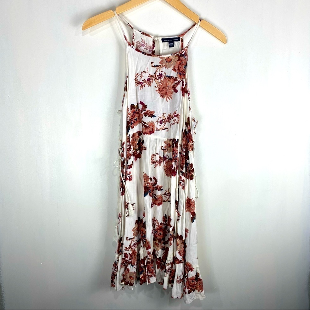 American Eagle Floral Printed Lace Up Tassel Side Flowy Summer Mini Dress Medium
